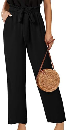 pxjsdwe Musselin Hose Damen Lang Leicht Sommerhose Palazzo Hose Hohe Taille Baggy Marlenehose Stoffhose Weites Bein Einfarbig Freizeithose Elegant Bequeme Weite Hosen mit Taschen und Tunnelzug