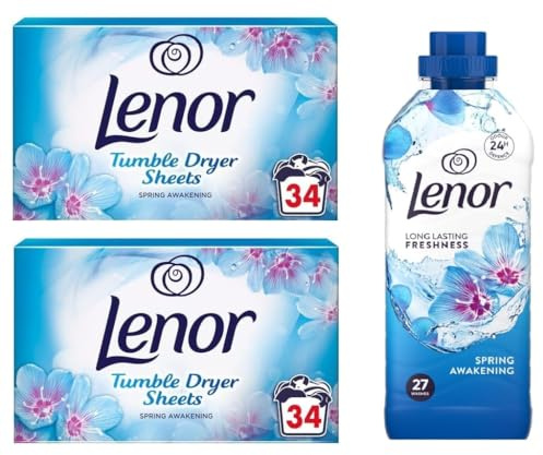 LENOR Fabric Conditioner 891 ml + 2×34 Tumble Dryer Sheets | Spring Awakening Fabric Softener, Fresh Cotton Freshness & Static Reduction | Long-Lasting Revitalizing Scent for All Washable Fabrics