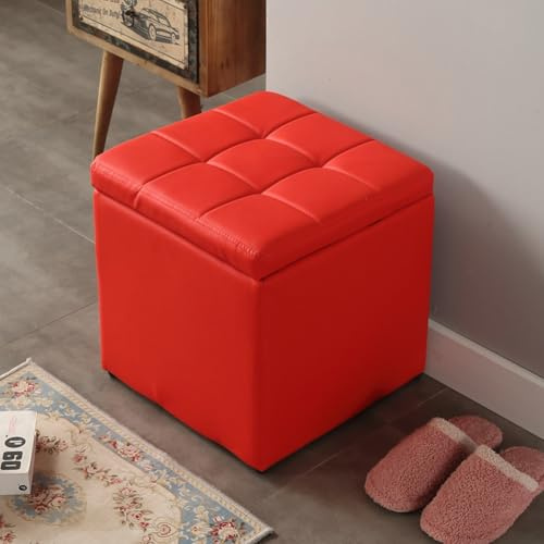 Ottomane aus Kunstleder, gepolstert, würfelförmig, mit Scharnierdeckel, für Wohnzimmer und Eingangsbereich, gepolstert, getuftetes Design, kompakt und stilvoll, Rot