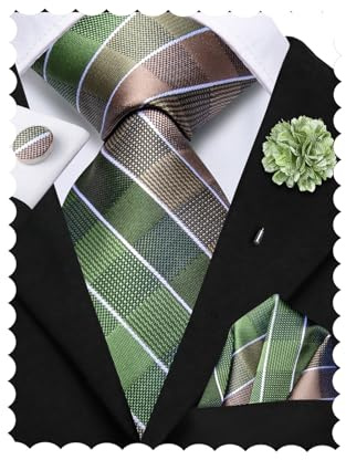 Hi-Tie Seidenkrawatten für Herren, Rosa, 4 Stück, Blau / Schwarz, Herren-Krawatten-Set, Paisleymuster, Krawatte, Einstecktuch, Manschettenknöpfe, Blumennadel für Hochzeit, Salbeigrün / Braun, M