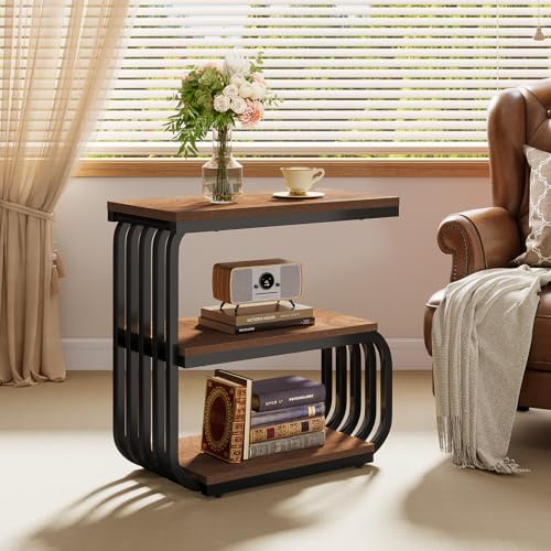 Tribesigns Beistelltisch 3 Etagen Industrie-Design, Robuster Couchtisch mit Metallgestell & Rustikaler Holzplatte, Praktischer Nachttisch für Kleine Räume, Braun (Braun)