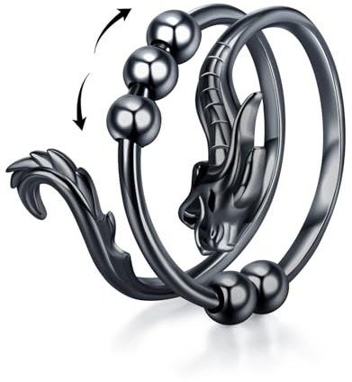 Drachen-Fidget-Ring gegen Angstzustände – 925er Sterlingsilber, verstellbar, Spinner, schwarze Fidget-Perlenringe – Chinesischer Drachenschmuck – Geschenke zum Stressabbau für Männer und Frauen (7)