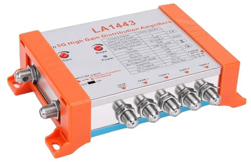 Tonysa Amplificatore di Distribuzione TV, 1 Ingresso 4 Uscite con Guadagno 45 Db e Filtro LTE 5G, per Cavo Antenna a Basso Rumore (Spina Europea)