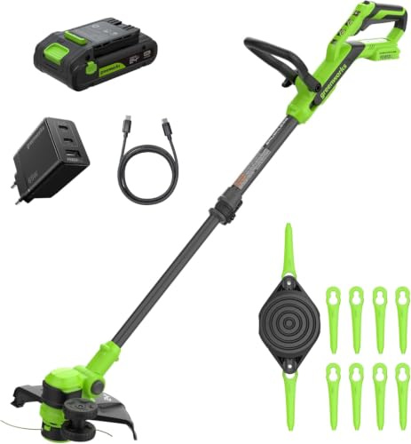 Greenworks 24 V borstlös grästrimmer Gen2 2-i-1 med batteri för små till medelstora trädgårdar, höjdjusterbar, 30 cm skärbredd, inkluderar 10 plastblad med 2,0 Ah batteri och laddare ST3002