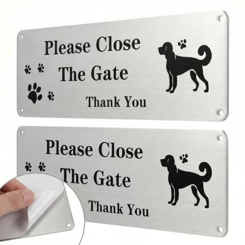 2Pcs Please Close The Gate Sign Dog Please,Dog Signs for Gates,25×9cm | Aluminum Reflective Sign, Waterproof Rust and UV Proof. Paw Print Dog Design, Pre-Drilled Holes + Adhesive for Garden Gates