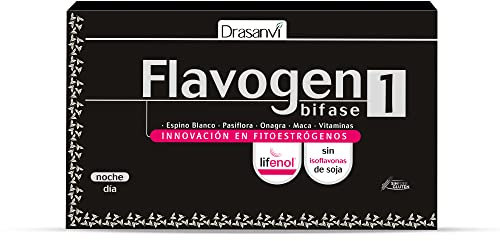Drasanvi FLAVOGEN BIFASE 1, Ayuda a Regular la Actividad Hormonal, Día: Aceite de Onagra, Maca, Lúpulo, Vitamina A, B6 y D, Noche: Pasiflora, Espino Blanco, Lúpulo, Fitoestrógenos, 60 Cáps. = 30 Días