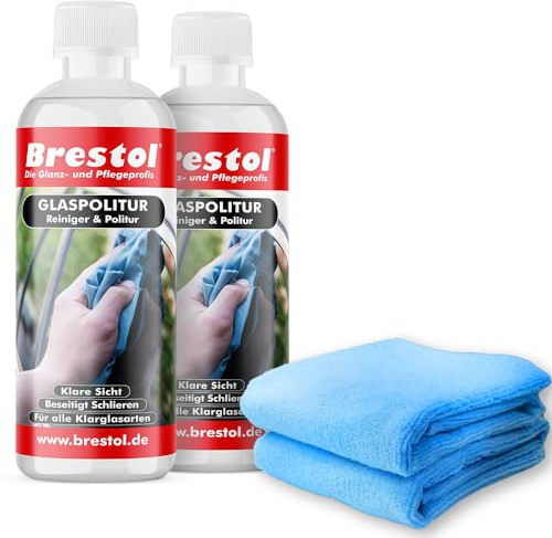 Brestol glaspolitur set2 (2 x 300 ml + 2 x universalduk) – bil glaspolering, glasrengöringsmedel – tar bort försegling träharts fett silikon från glas
