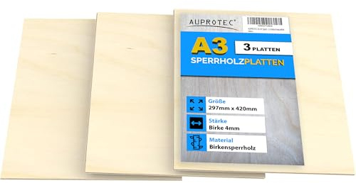 AUPROTEC 3x A3 Sperrholz-Platten Birke 4mm Multiplexplatten (297 mm x 420 mm) Bastel- und Laubsäge-Holzplatten Birke Massiv Multiplex Holz Industriequalität