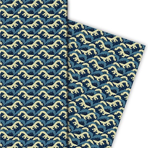 Kartenkaufrausch Klassisches Geschenkpapier Set 4 Bogen, Dekorpapier mit japanischem Wellen Motiv für hübsche Geschenk Verpackung, Musterpapier zum basteln 32 x 48cm