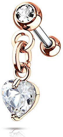 Tapsi´s Coolbodyart® Ohr Cartilage Tragus Barbell Edelstahl Chirurgenstahl 316L Roségold Kurzer Kettenanhänger Zirkonia Herz