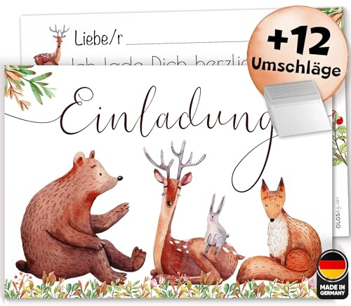 Olgs 12x Einladungskarten Waldtierfreunde für Kindergeburtstag, Ausfüllbar, inkl. Umschläge - süße Bär, Reh, Fuchs, Hase