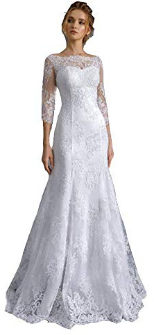 Snow Lotus - Abito da sposa in pizzo da donna, con maniche a 3/4, abiti da sposa bianco 44