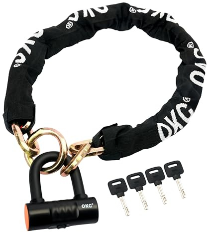 OKG Heavy Duty Motorcycle Chain Lock, 4 Keys, 3.3 ft x 1/2 in (12mm) Thick Hexagonal Cinch Security Chain with 18mm Cut Proof Hardened Alloy Steel U Lock for Motorcycles, E-Bikes, Mopeds, ATVs, Etc.