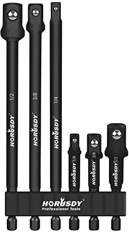 HORUSDY Impact Socket Adapter | 6-Piece | 1/4 3/8 1/2 Impact Driver Socket Adapter | 3-Inch and 6-Inch Long | Hex Shank | Chrome Vanadium Steel