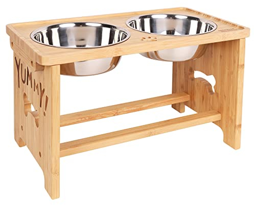 Raised Dog Bowls For Large Dog, Dog Bowls With Stand Bamboo, Dog Feeding Station With 2 Stainless Steel Bowls By Nothing Burger