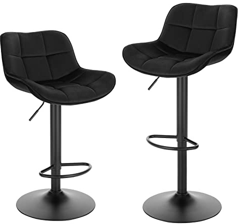 EUGAD Juego de 2 Taburetes Altos de Cocina, Taburete Giratorios de 360° y Ajustable en Altura 60-81,5 cm, con Respaldo y Reposapiés, Terciopelo, Negro