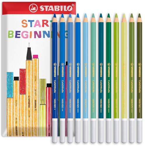 STABILO Chalk-Pastel Pencil CarbOthello - Pack of 12 - Blue Green Tones - In Envelope Gift Packaging
