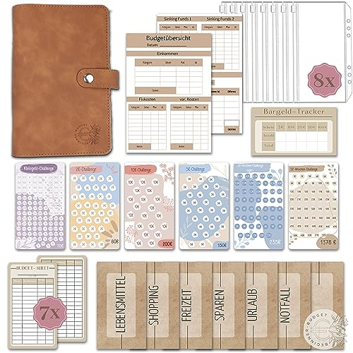 BeginnerBudget® Budget Planner Deutsch - Starterset mit Sparchallenge Budgetplaner - Sparen mit Umschlagmethode + Anleitung - Ringbuch A6 - Binder A6 Wildleder-Style (Braun)