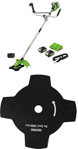Greenworks Decespugliatore a batteria con tagliabordi senza spazzole, larghezza di taglio di 38 cm, lama da 25 cm con alimentazione a urto, due batterie da 24V 4Ah e caricabatterie GD24X2BCB + lama de