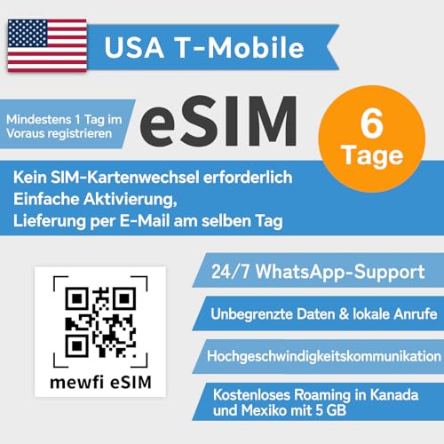 USA eSIM (USA, Mexiko, Kanada universal), unbegrenzte Internet-Daten, T-Mobile SIM, unbegrenzte Geschwindigkeit US Prepaid-Karte, unbegrenzte Ortsgespräche und lokale Texte. (6 Tage)