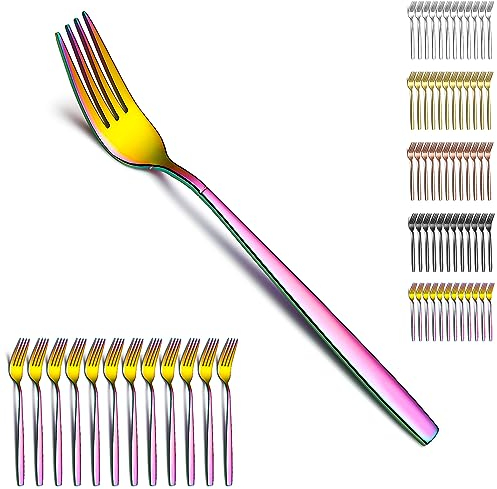 Berglander Forchette da tavolo arcobaleno da 12 pezzi, Forchette da cena in acciaio inox placcato titanio, posate ideali per casa, ristorazione, hotel, matrimonio, lavabile in lavastoviglie