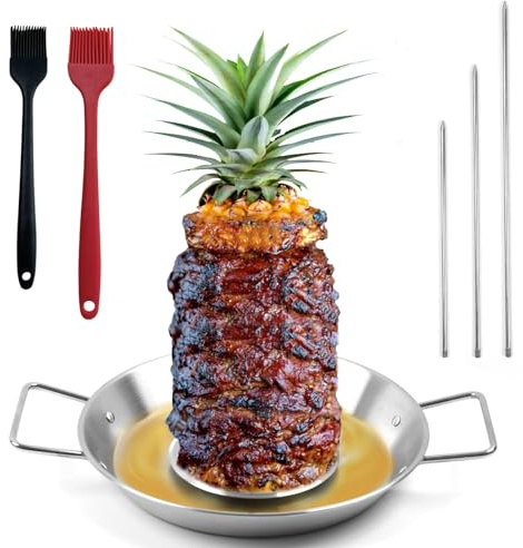 Fengzhe Al Pastor Skewer for Grill：Stainless Steel Vertical Skewer, Brazilian Spit Stand with 3 Spikes,2 Brushes,Ideal for Tacos Al Pastor,Shawarma, Kebabs on Smoker, Oven,with Fat Separator Tray
