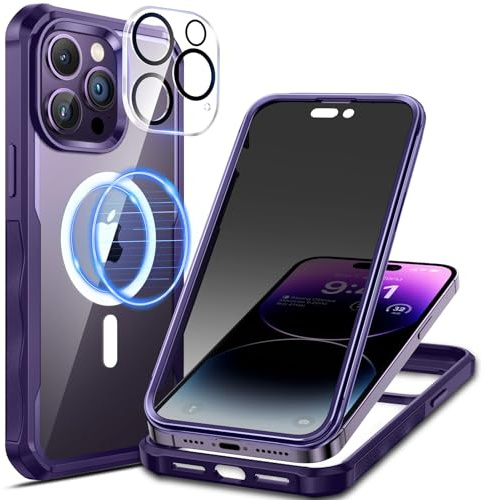seacosmo Sichtschutz für iPhone 14 Pro Max Hülle [Kompatibel mit MagSafe], Anti-Spy Handyhülle 360 Grad Schutzhülle, Stoßfestes Case mit Privacy Panzerglas und Kamera Schutzfolie [9H HD]-Lila