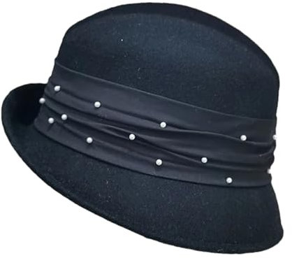 Damen-Glockenhut aus Wolle, Perlenband, Fischerhut, Kirchenkleid, Derby-Party, Bowler-Hüte, Schwarz , Einheitsgröße