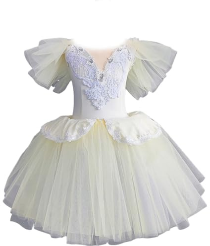 EFLALYHG Professionelles Ballett-Tutu, langes Tüllkleid für Mädchen, weißes Schwan-Ballettkleid, Performance-Tanz-Ballerina-Kostüm,Gelb,160