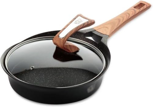 LRTYZBD Deep Frying Pan Skillet with Lid, Non Stick Black Aluminum Skillets, Pre Seasoned Kitchen Pans with Wooden Handle, Cookware Cooking Skillets for Induction, Ceramic, Electric -24CM