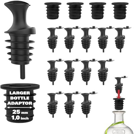 Esatto Pour & Seal Plastic Pourer with Lid - 12 Pieces & 4 Cork Adaptors for Precision Pouring, Pour Spouts for Bottles, Liquor Bottle Pourers for Alcohol & Olive Oil, Bar Bartender Accessories
