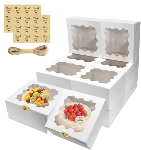 Kleemeiero 12 Stück Tortenschachtel mit Tortenbrett und 1 Hanfseil 2 Blatt Aufkleber 25 x 25 x 13 cm Tortenkartons Weiß Kuchenkarton mit Sichtfenster Tortenbox Verpackungsbox für Torten Cake Kuchen