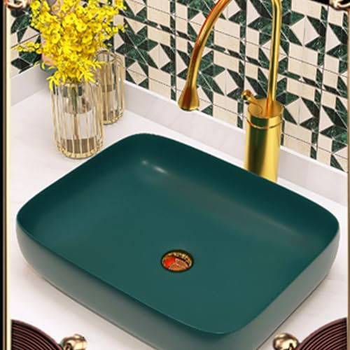 Lavabo da toeletta per Bagno ，mobiletto da toeletta rettangolo rosso Lavandino da bagno ，Lavabo Set con lavatoio Rubinetto Scarico Pop-up，Adatto per hotel, WC, lavandini, bagni(Dark green,39*38cm/15.3