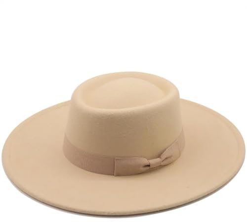 FULUJIDI Fedora Trilby Filzhut Hut Flacher Zylinder Frauen Fedora Filz Hüte Mit Vintage Kirche Hochzeit Panama Cap 56 To58 cm Beige