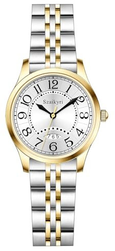 Szaikyri Clasica Reloj Mujer con Numerales Árabes de Tiempo Fácil de Leer Mujer Reloj con Calendario Resistente al Agua (Silver-Gold Black)
