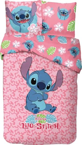 Ensemble de literie Stitch Arlis, Parure de lit enfant animée, 2 Pièces, Housse de couette 140x200 cm réversible, Taie d'oreiller 63x63 cm, 100% Coton, Rose