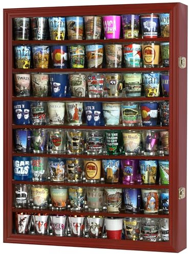 Maple Home Shot Glass Display Case Wall Shot Glass Cabinet Rack Holder Lockable with UV Protection Door Shot Glass Collection Display Cabinet Mirror Back (Cherry Finish)
