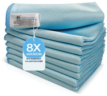 Foyer Nuage 8Pcs Microfibre Glass Cleaning Cloth 290GSM, Lint Free Glass Cloth for Polishing Mirrors Stainless Steel, Windows, All-Purpose Microfiber Towels(Blue, 30 x 40 cm)