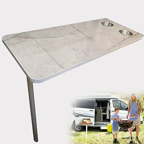 RV-Tischbeinhalterung mit seitlicher Klappfunktion, RV-Klapptisch mit mehrschichtiger Holzplatte, abnehmbar und mit 2 reservierten Wasserbecherschlitzen, perfekt für Terrasse, Yacht, Wohnwag