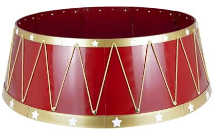 Mr Crimbo Drum Christmas Tree Skirt – Red & Gold Tree Collar with Stars & Cord – Fits Bases up to 54cm – 8-Piece Easy Assembly – Festive Indoor Decoration for Real or Artificial Trees