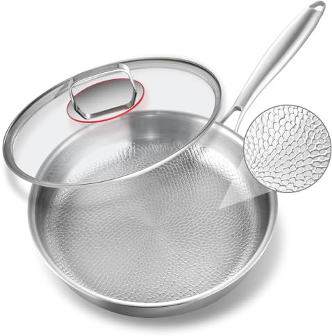 ABIJAN Stainless Steel Frying Pan with Lid, 5-Ply Construction Stainless Steel Pan 28cm, Cooking Pans Non toxic, PTFE & PFOA-free, Lotus leaf pattern, suit for Induction, Gas, Electric Hobs, Oven-safe