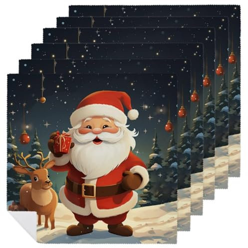 Weihnachtliche Weihnachtsmann-Servietten, waschbar, Dinner-Servietten, Baumwollservietten, Party-Servietten, Tischservietten, Stoffservietten, Gästeservietten, 6 Stück