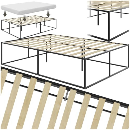 tectake® Bett 140x200 cm, Metall Bett mit Lattenrost, Bettrahmen mit Stauraum, großes Bettgestell ohne Kopfteil, als Ehebett, Einzelbett, Jugendbett, Gästebett, für Schlafzimmer - 140 x 200 x 46,5 cm