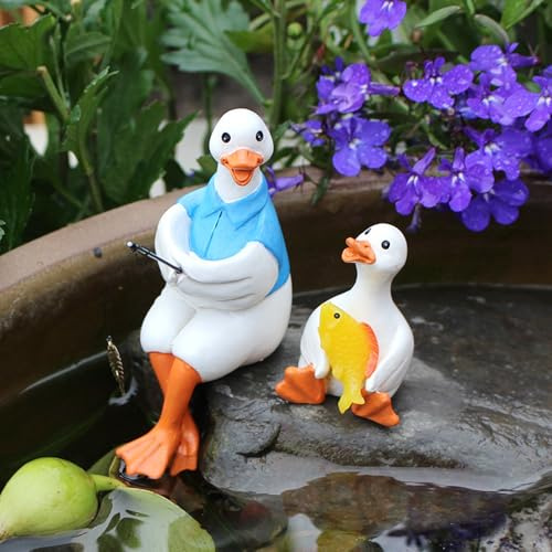 Yarteim Gartenfiguren für Draußen Wetterfest, Lustig Gartenzwerge für Außen, Angeln Figur Zwerg Deko, Schildkröte und Gartenzwerg Statue, Harz Gartendeko Figuren, Teich Deko, Geschenk (Ente)