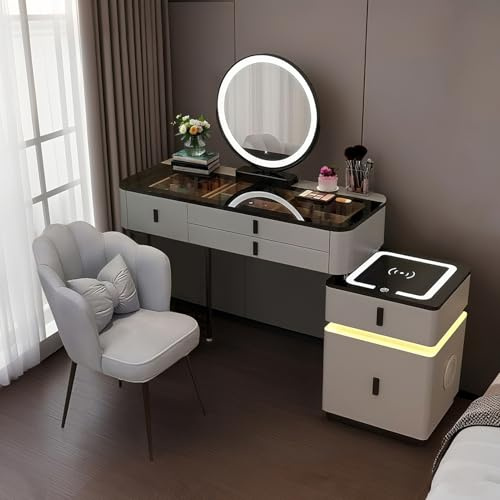 Makeup Vanity Desk with Mirror and Lights, White/Gray Dressing Table Set with Drawers Makeup Table with Chair, Bedroom Storage Legs Dresser Tables for Girl Woman (Gray + Black, 100CM)