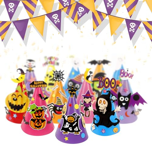 Yistoi 12 Halloween Partyhüte DIY Kinder Party Hüte Halloween Fasching Geburtstag Karneval Verkleidung Dekorativer Papierhut DIY Kreativer Halloween-papierhut für Kinder Kinderhut Party Supplies