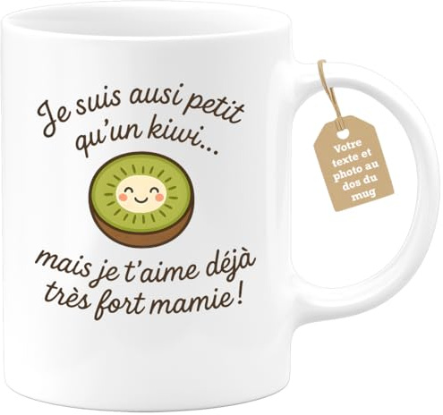 quotedazur Café-Croissant - Mug Personnalisé Tasse Cadeau Annonce Naissance Future Mamie 2026 - Je Suis Aussi Petit Qu'Un Kiwi Mais Je T'Aime Déjà Très Fort Mamie - Blanc/Céramique