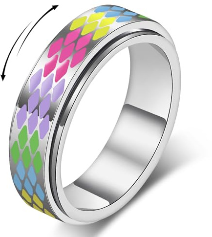 AmorArtSky rutig fidgetring för vuxna – 18K guldpläterat rostfritt stål roterande spinner smycken, ångest- och stresslindring, present till kvinnor/män (svart och vitt mönster), Rostfritt stål