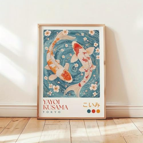 Póster impreso en lienzo de Yayoi Kusama con peces koi y flores de cerezo, arte japonés de Tokio, arte de pared para sala de estar, decoración del hogar, imagen de 30 x 42 cm