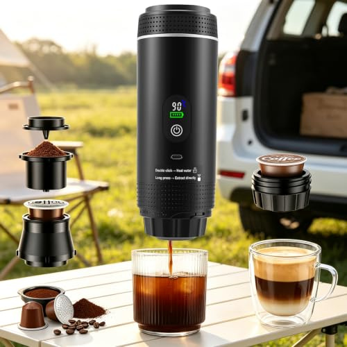 Nastopee Minicafetera portátil 3 en 1 con batería - Cafetera espresso para coche USB-C - Compatible con cápsulas y café molido - Ideal para camping, autocaravanas y regalos de viaje, Negro